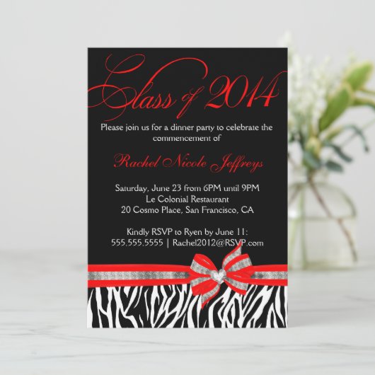 Black White Red Zebra 2014 Afstuderen Uitnodiging (Staand voorkant)