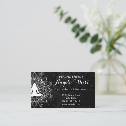 Black White Reiki Master Healer Yoga Instructor Visitekaartje (Staand voorkant)