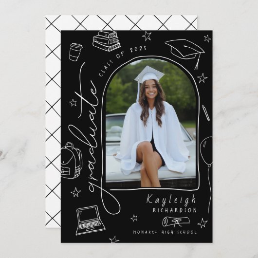 Black White Retro Foto Afstuderen Aankondiging (Voorkant / Achterkant)