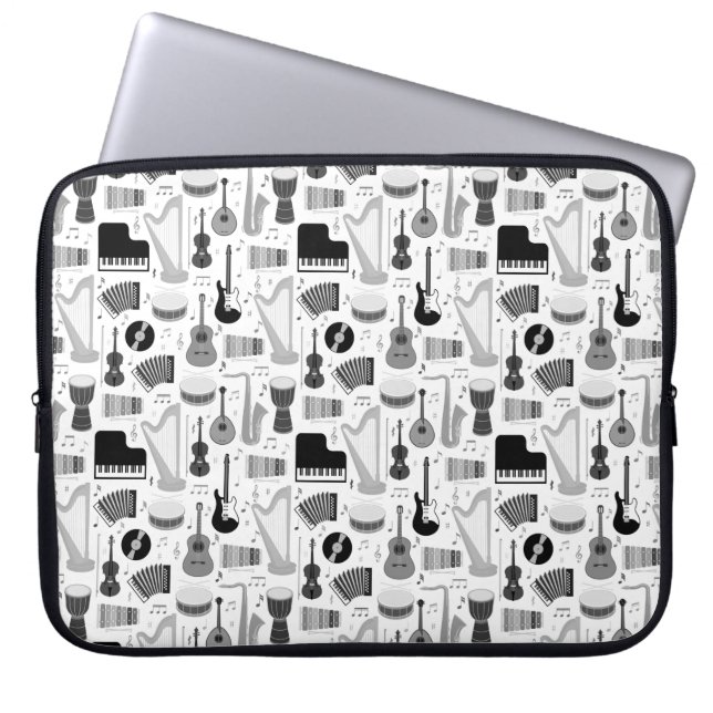 Black-White Retro Musical Instruments Pattern Laptop Sleeve (Voorkant)