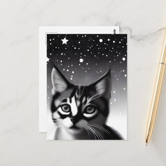 Black & White Retro Stars Kitten Briefkaart (Voorkant / Achterkant in situ)