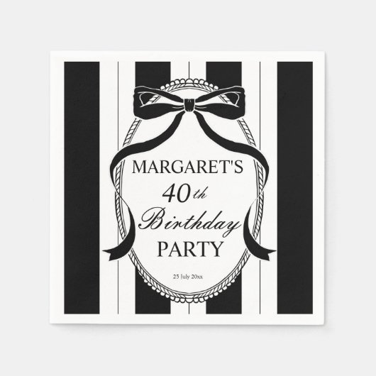 Black white retro stripes bow birthday monogrammed servet (Voorkant)