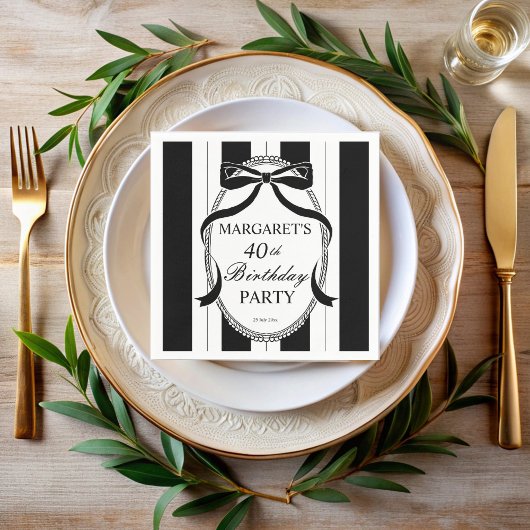 Black white retro stripes bow birthday monogrammed servet