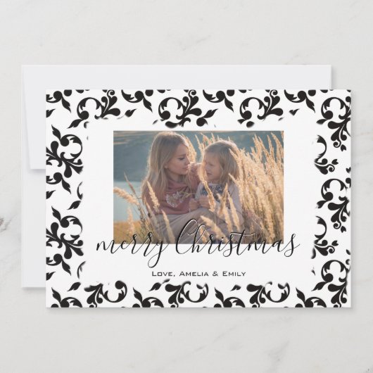 Black White Rococo Merry-kerstscript Foto Feestdagenkaart (Voorkant)