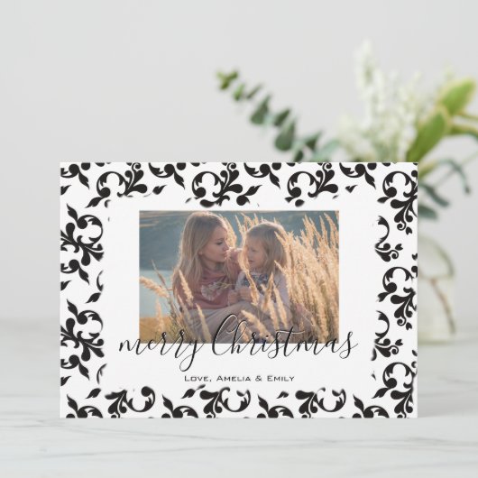 Black White Rococo Merry-kerstscript Foto Feestdagenkaart (Staand voorkant)