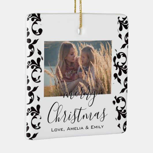 Black White Rococo Merry-kerstscript Foto Keramisch Ornament (Rechts)