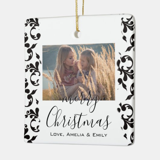 Black White Rococo Merry-kerstscript Foto Keramisch Ornament (Links)