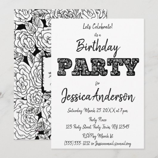 Black White Roos Floral Birthday Kaart (Voorkant / Achterkant)