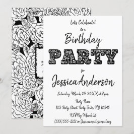 Black White Roos Floral Birthday Kaart