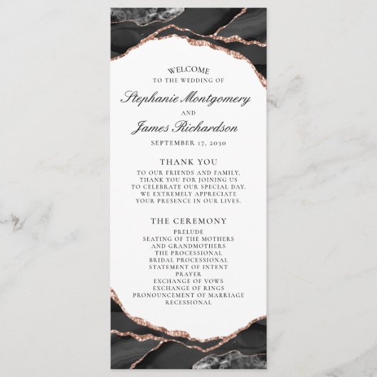 Black White Roos Gold Foil Agate Wedding Programmakaart (Voorkant)