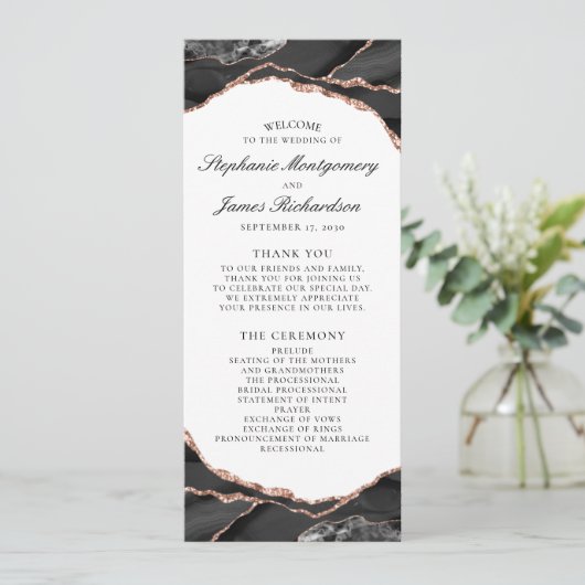 Black White Roos Gold Foil Agate Wedding Programmakaart (Staand voorkant)