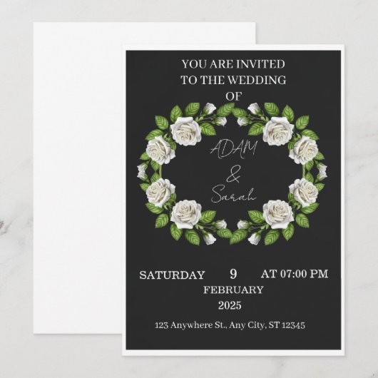 Black & White Rose Wreath Wedding Invitation (Voorkant / Achterkant)