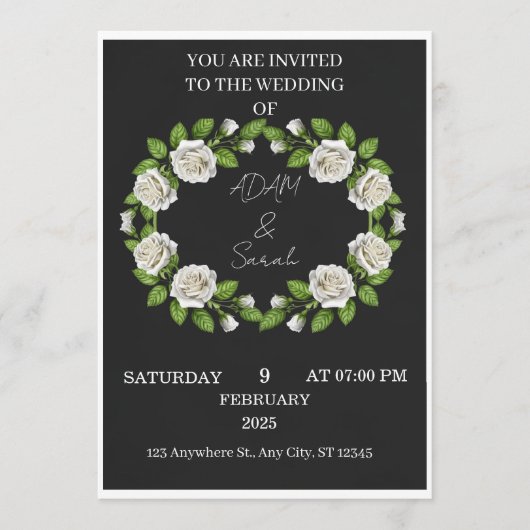 Black & White Rose Wreath Wedding Invitation (Voorkant)