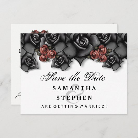 Black White Roses Halloween Save Date Aankondigingskaart (Voorkant / Achterkant)