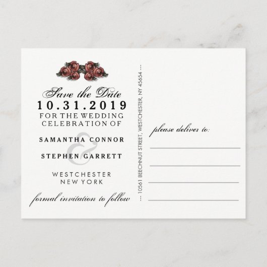 Black White Roses Halloween Save Date Aankondigingskaart (Achterkant)