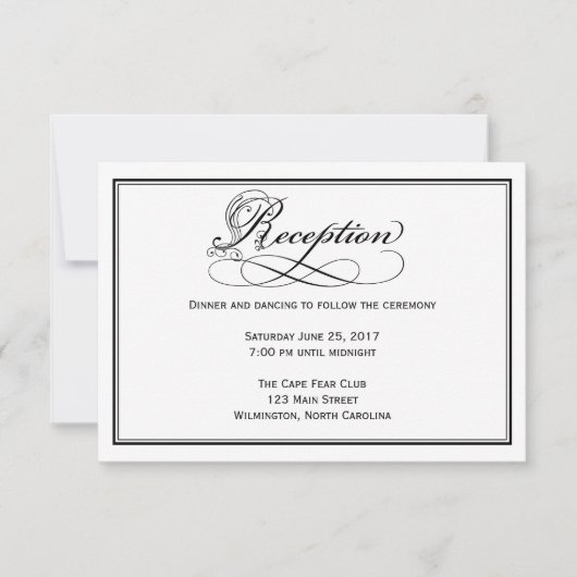 Black & White Royal Script Wedding Reception Kaart (Voorkant)