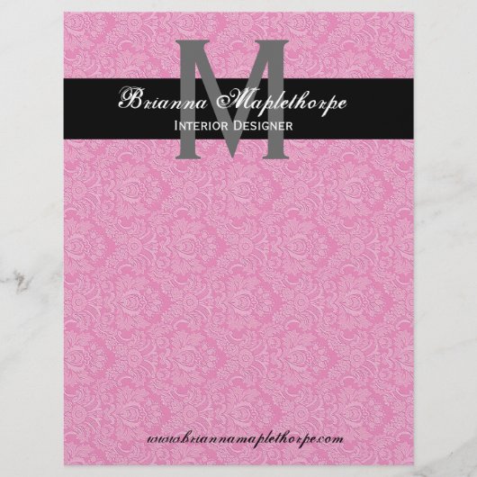 Black White Roze Damask Monogram Letterhead Briefhoofd Ontwerp (Voorkant)
