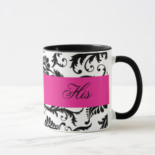 Black, White, roze Damask "Zijn" Mok