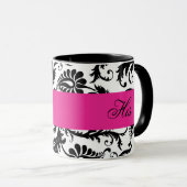 Black, White, roze Damask "Zijn" Mok (Voorkant rechts)