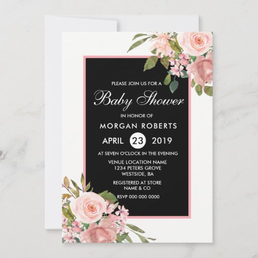 Black White Roze Rose Gold Flowers Baby shower Kaart (Voorkant)