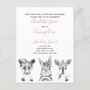 Black White Roze Script Woodland Birthday Party Uitnodiging Briefkaart