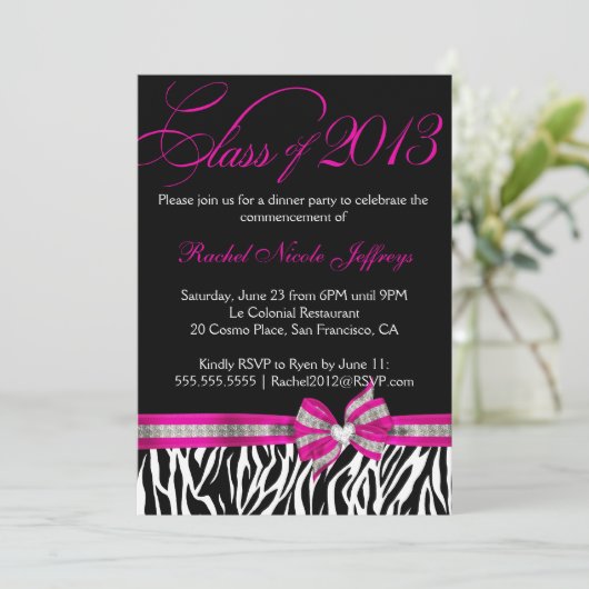 Black White Roze Zebra Afstuderen Kaart (Staand voorkant)