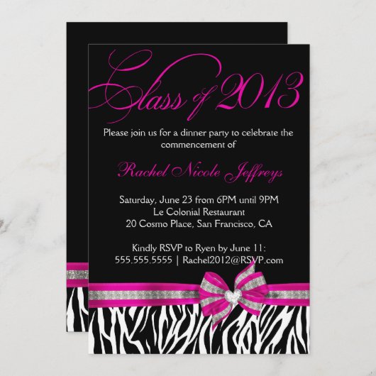 Black White Roze Zebra Afstuderen Kaart (Voorkant / Achterkant)