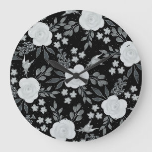 Black White Rozen Waterverf schilderen Grote Klok