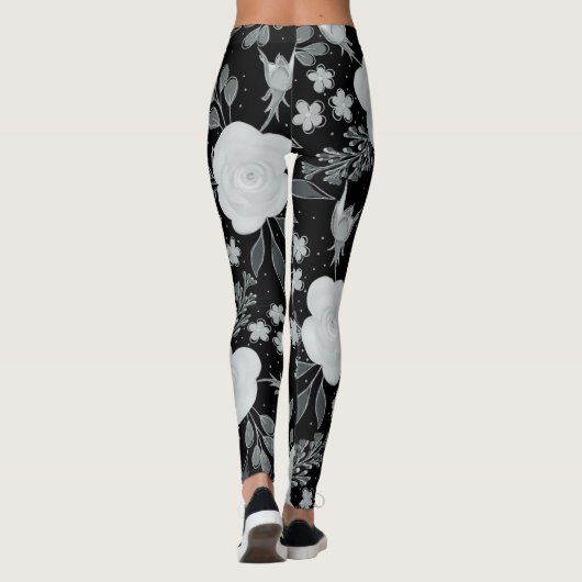Black White Rozen Waterverf schilderen Leggings (Achterkant)