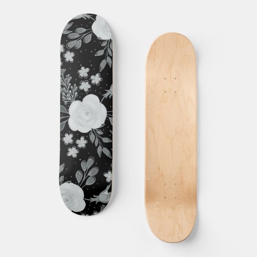Black White Rozen Waterverf schilderen Persoonlijk Skateboard (Voorkant)