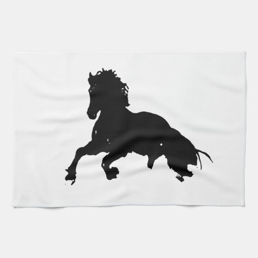 Black White Running Horse Silhouette Theedoek (Horizontaal)