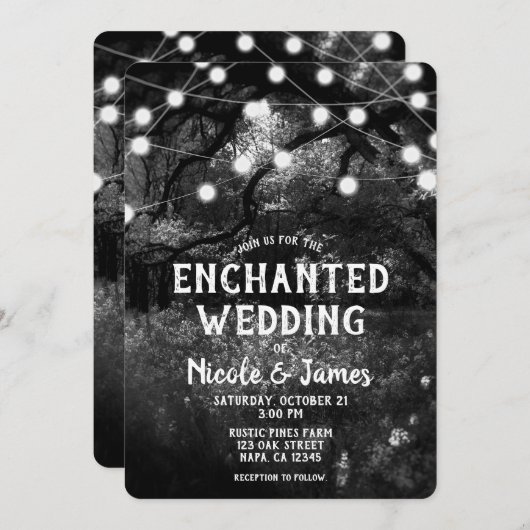 Black White Rustic Enchanted Forest Lights Wedding Kaart (Voorkant / Achterkant)