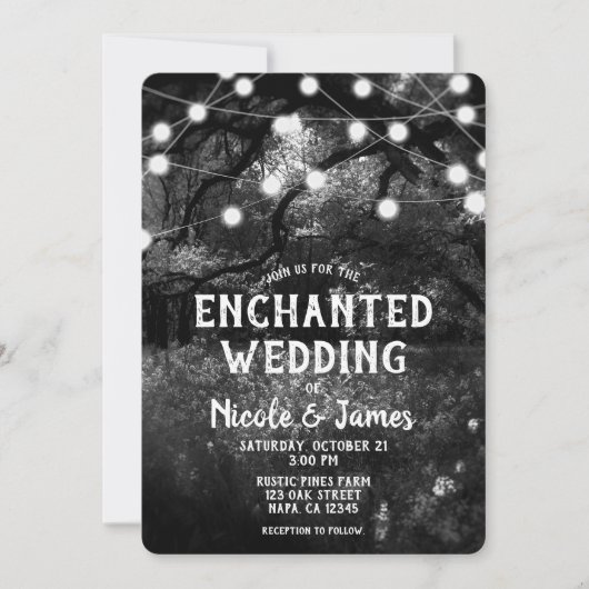 Black White Rustic Enchanted Forest Lights Wedding Kaart (Voorkant)
