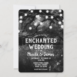 Black White Rustic Enchanted Forest Lights Wedding Kaart