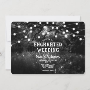 Black White Rustic Enchanted Forest Lights Wedding Kaart