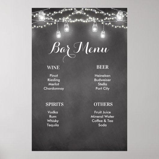 Black White Rustic Wedding Bar Menu Sign Poster (Voorkant)