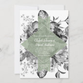 Black White Sage Green Floral Waterverf Wedding Aankondiging (Voorkant)