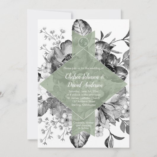 Black White Sage Green Floral Waterverf Wedding Aankondiging (Voorkant)