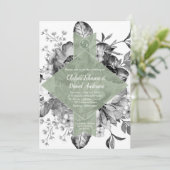 Black White Sage Green Floral Waterverf Wedding Aankondiging (Staand voorkant)