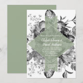 Black White Sage Green Floral Waterverf Wedding Aankondiging (Voorkant / Achterkant)