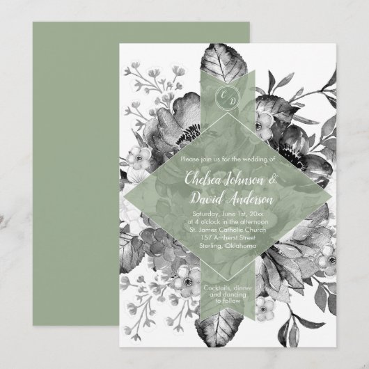Black White Sage Green Floral Waterverf Wedding Aankondiging (Voorkant / Achterkant)