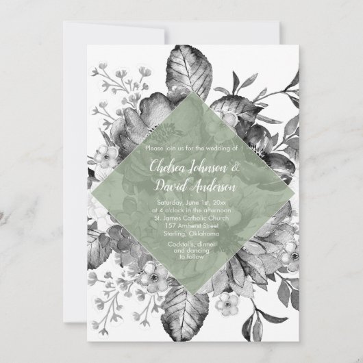 Black White Sage Green Floral Waterverf Wedding Aankondiging (Voorkant)