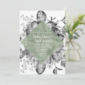 Black White Sage Green Floral Waterverf Wedding Aankondiging (Staand voorkant)