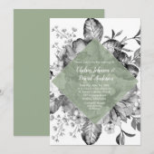 Black White Sage Green Floral Waterverf Wedding Aankondiging (Voorkant / Achterkant)