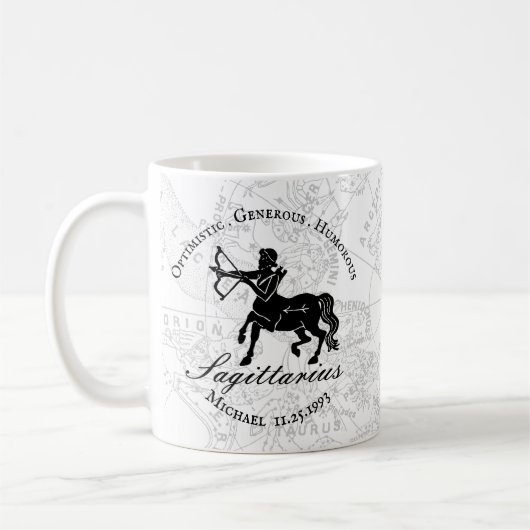 Black White Sagittarius Zodiac Custom Birthday Koffiemok (Links)