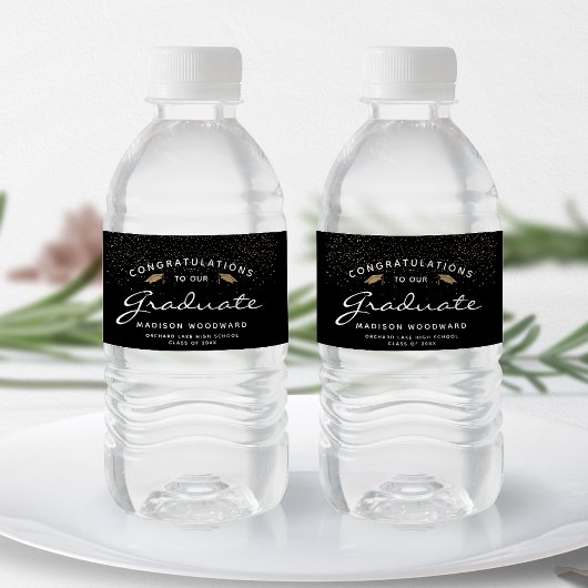 Black White Script Gold Pet Afstuderen Waterfles Etiket