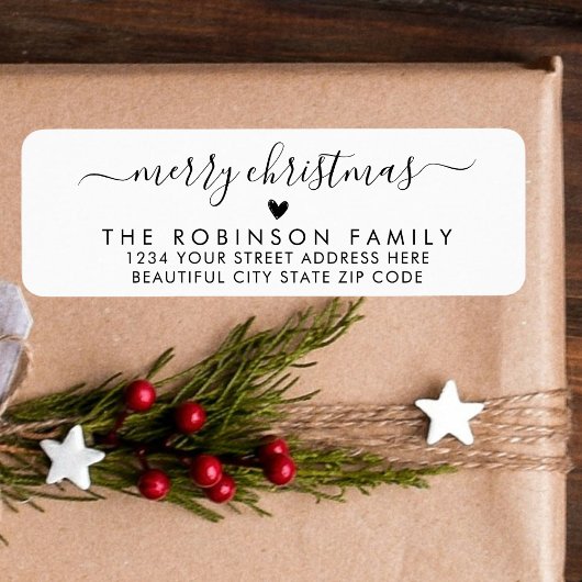 Black White Script Hart Kerstretouradres Etiket