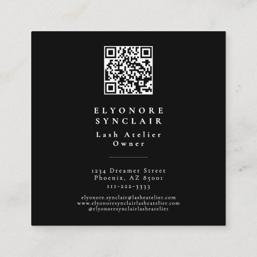 Black White Script Lashes Studio Logo QR Code  Vierkante Visitekaartje (Achterkant)