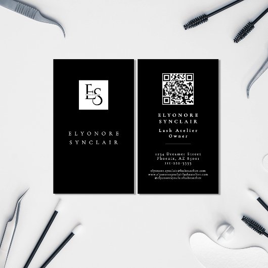 Black White Script Lashes Studio Logo QR Code Visitekaartje