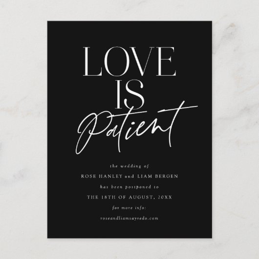 Black White Script Love Wedding Change the Date Briefkaart (Voorkant)